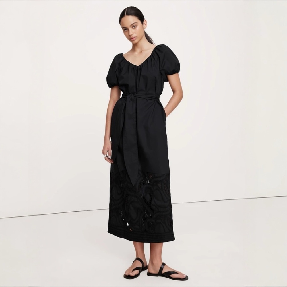 NWT Banana Republic Embroidered Cotton Poplin Ruched Midi Dress